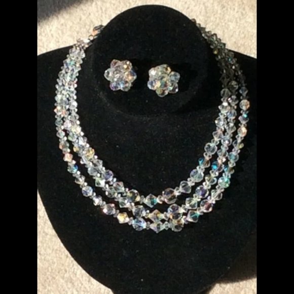 Vintage MCM Stunning Triple Strand Necklace with matching Clip-on Earrings